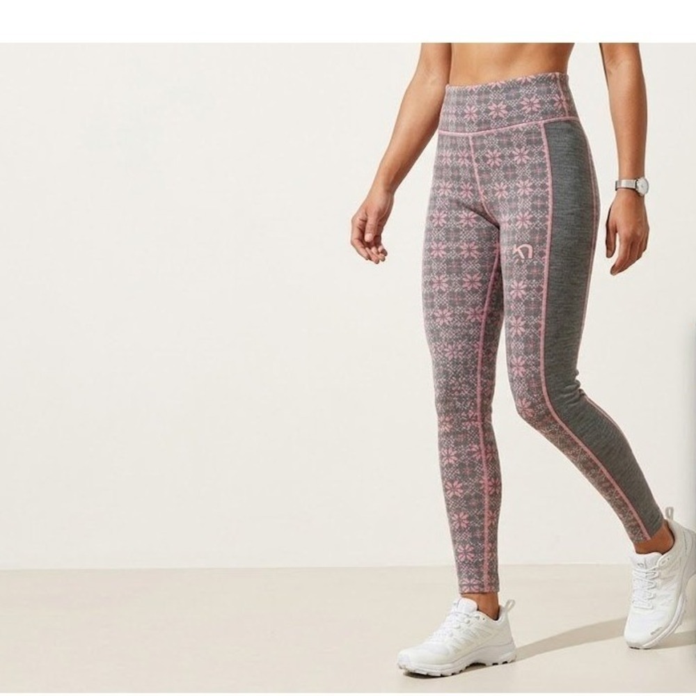 Kari Traa Rose Merino Wool Base Layer Leggings  M Pink Grey Nordic Pattern